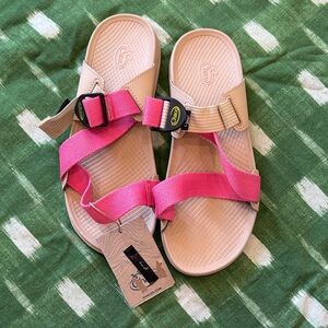 Chaco Lowdown Slide Sandals with Pink and Tan Straps